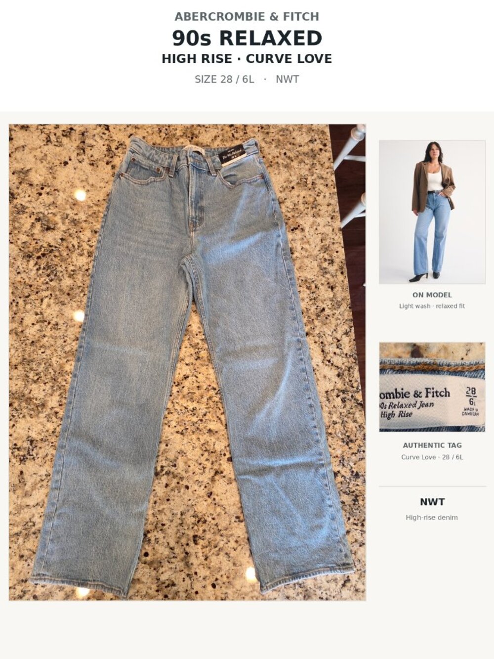 NWT Abercrombie & Fitch Curve Love High Rise 90s Relaxed Jean Light Wash 28/6L